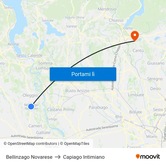 Bellinzago Novarese to Capiago Intimiano map