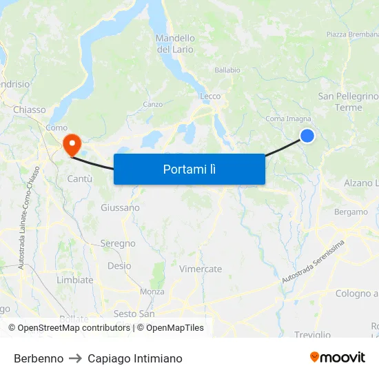 Berbenno to Capiago Intimiano map