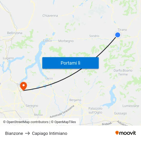Bianzone to Capiago Intimiano map