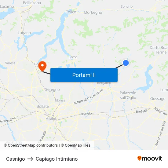 Casnigo to Capiago Intimiano map