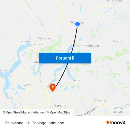 Chiavenna to Capiago Intimiano map