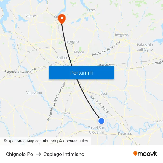 Chignolo Po to Capiago Intimiano map