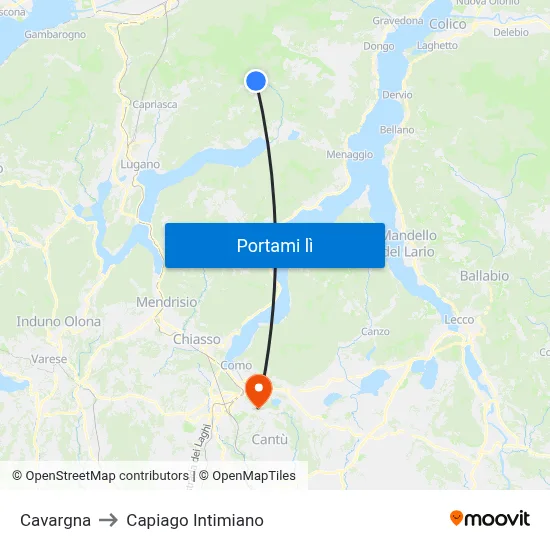 Cavargna to Capiago Intimiano map