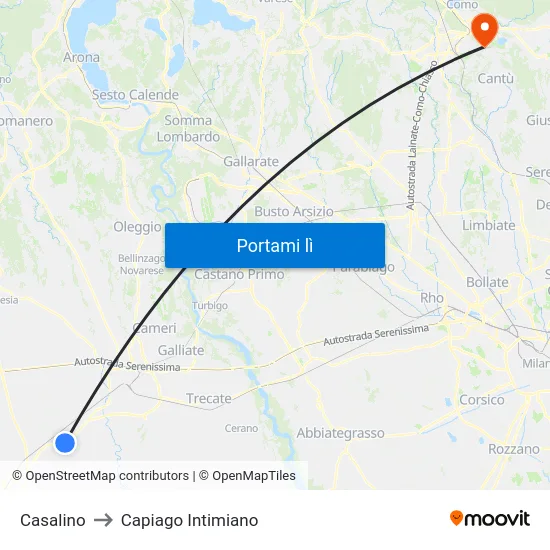 Casalino to Capiago Intimiano map