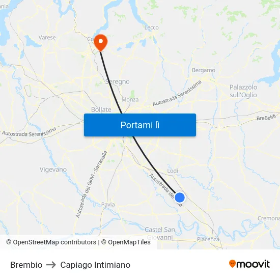 Brembio to Capiago Intimiano map