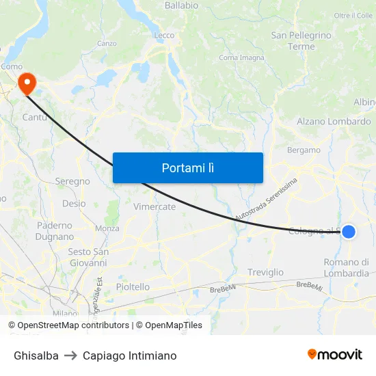 Ghisalba to Capiago Intimiano map