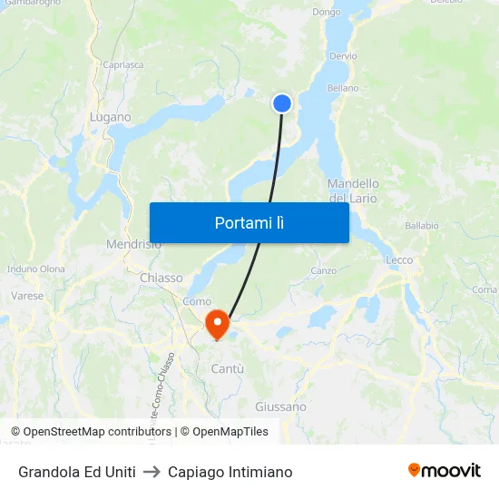 Grandola Ed Uniti to Capiago Intimiano map