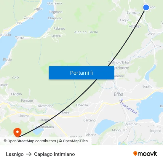 Lasnigo to Capiago Intimiano map