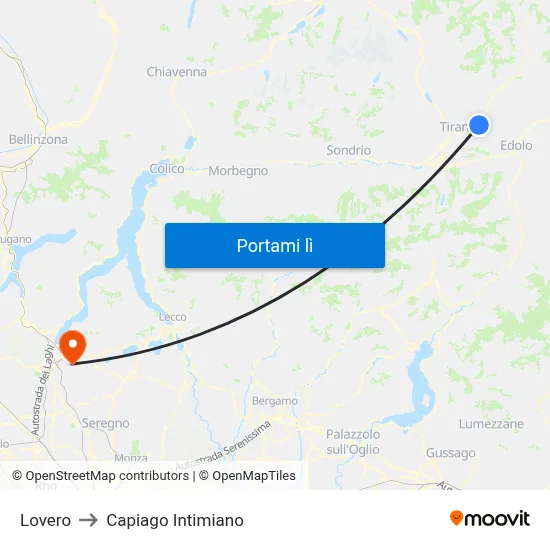 Lovero to Capiago Intimiano map