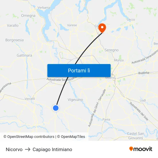 Nicorvo to Capiago Intimiano map