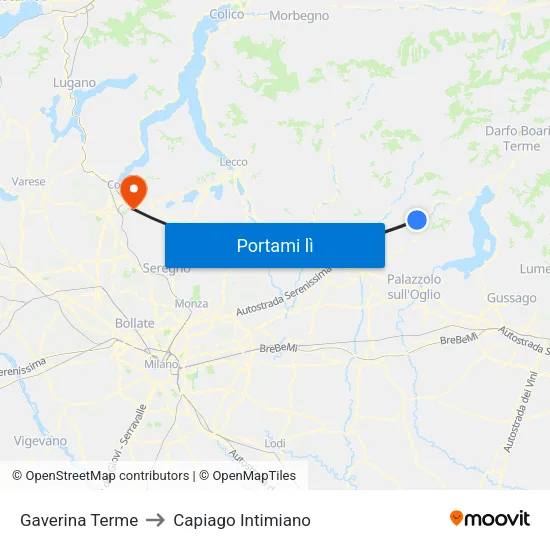 Gaverina Terme to Capiago Intimiano map