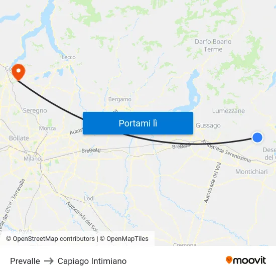 Prevalle to Capiago Intimiano map