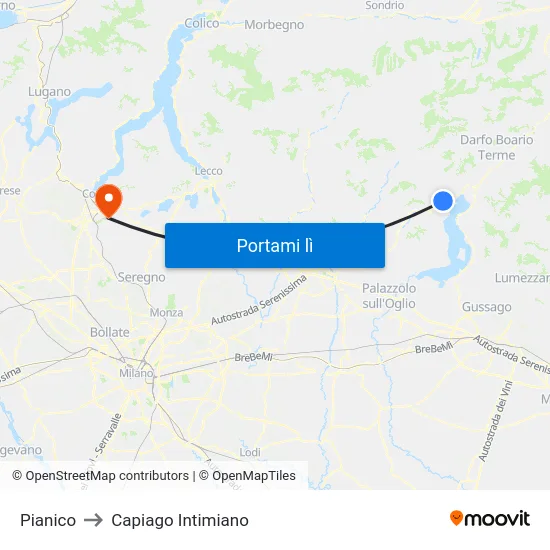 Pianico to Capiago Intimiano map