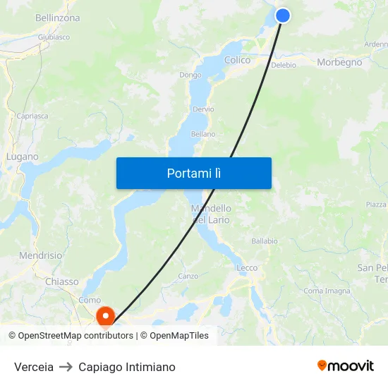 Verceia to Capiago Intimiano map