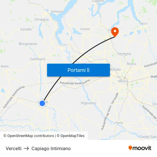 Vercelli to Capiago Intimiano map
