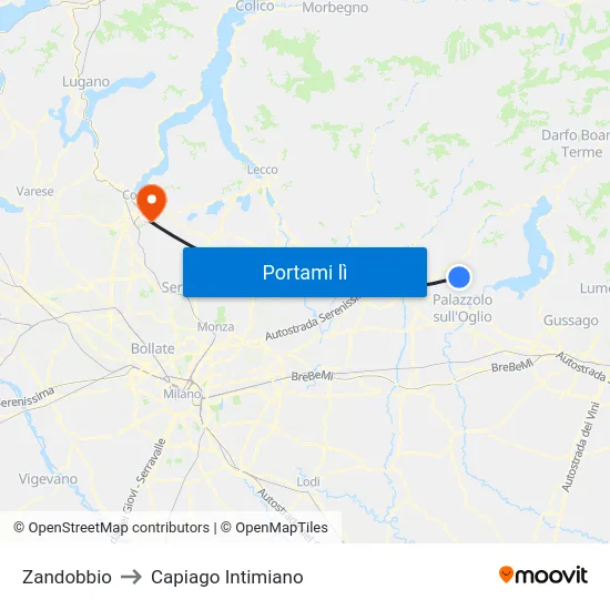Zandobbio to Capiago Intimiano map