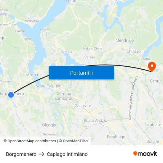 Borgomanero to Capiago Intimiano map