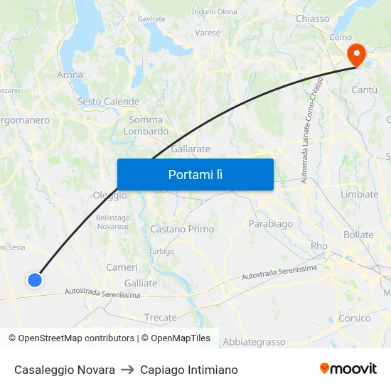Casaleggio Novara to Capiago Intimiano map