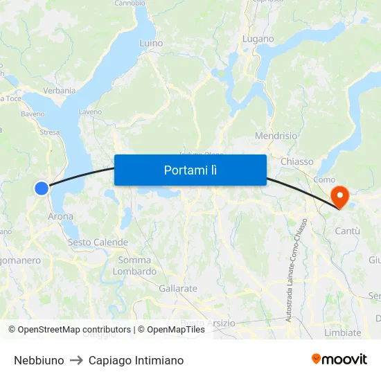 Nebbiuno to Capiago Intimiano map