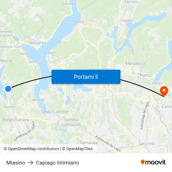 Miasino to Capiago Intimiano map