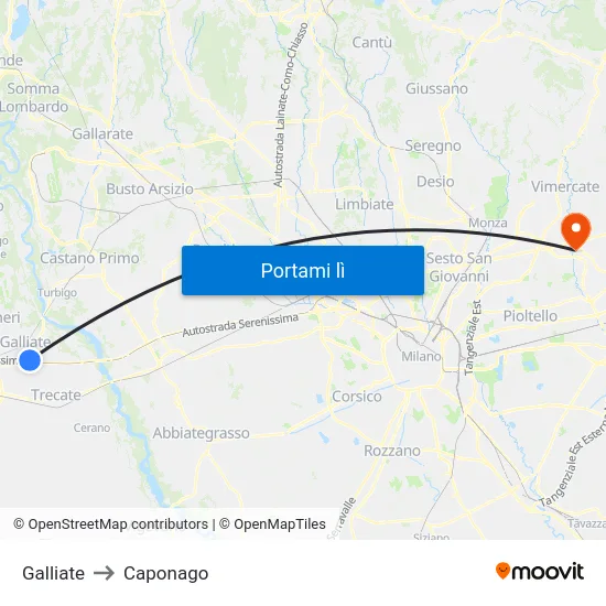 Galliate to Caponago map