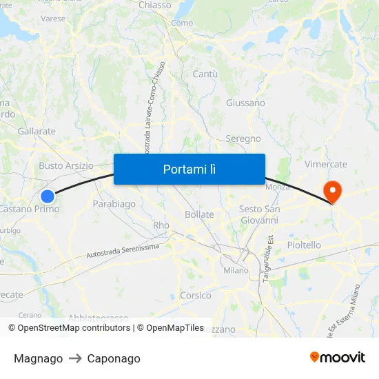 Magnago to Caponago map
