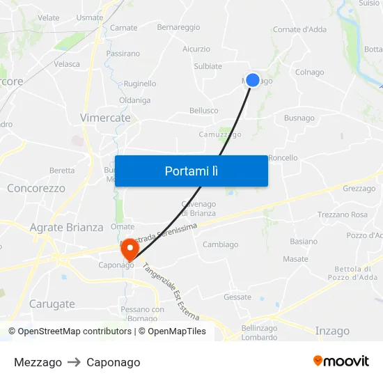 Mezzago to Caponago map