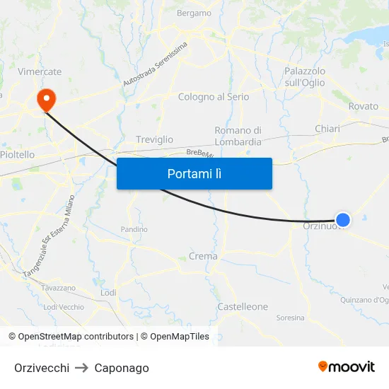 Orzivecchi to Caponago map