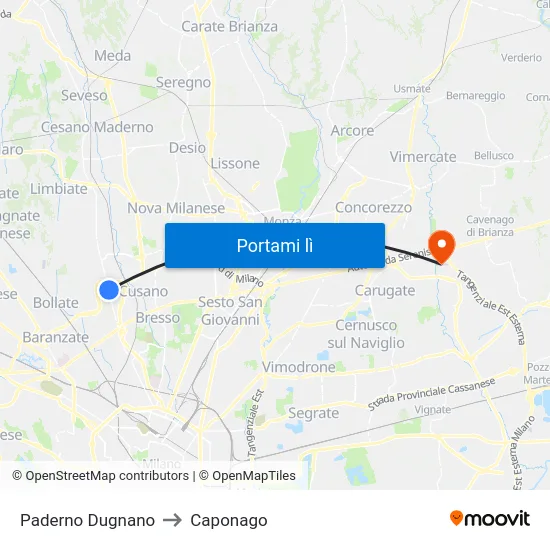 Paderno Dugnano to Caponago map