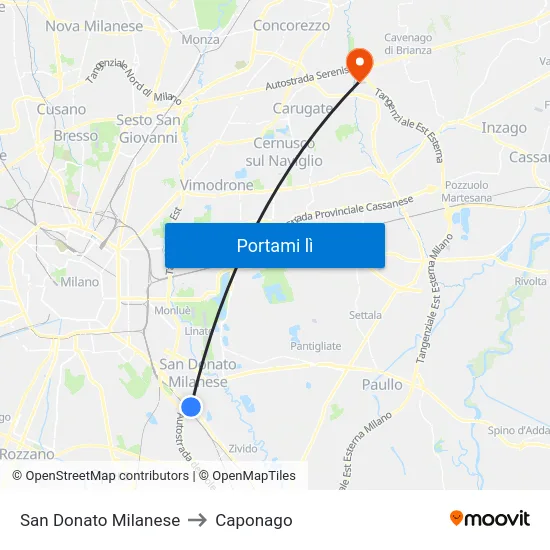 San Donato Milanese to Caponago map