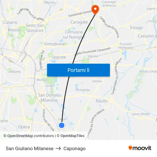 San Giuliano Milanese to Caponago map