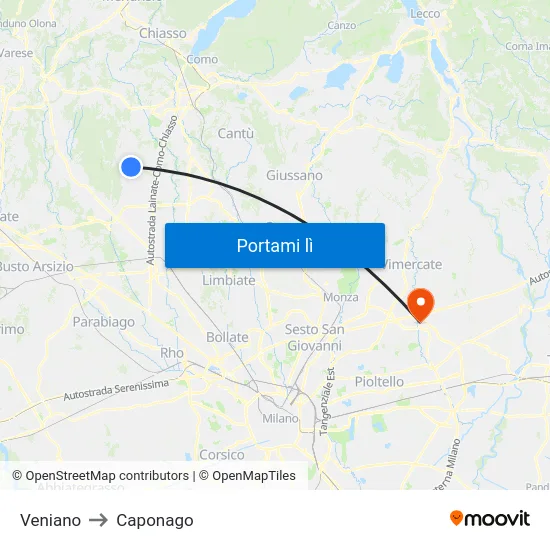Veniano to Caponago map
