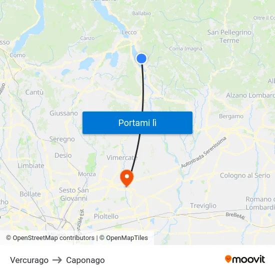 Vercurago to Caponago map