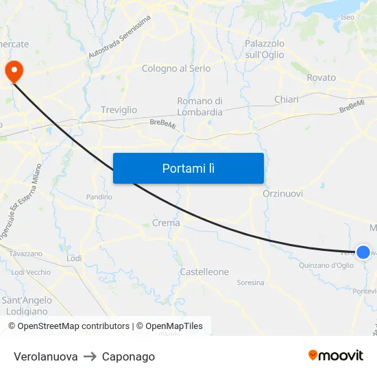 Verolanuova to Caponago map