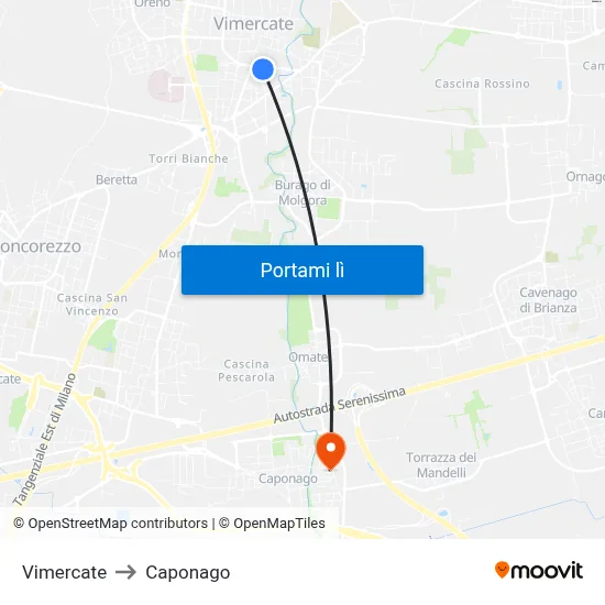 Vimercate to Caponago map