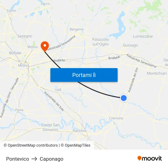 Pontevico to Caponago map
