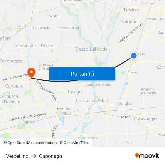 Verdellino to Caponago map