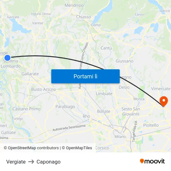 Vergiate to Caponago map
