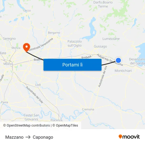 Mazzano to Caponago map