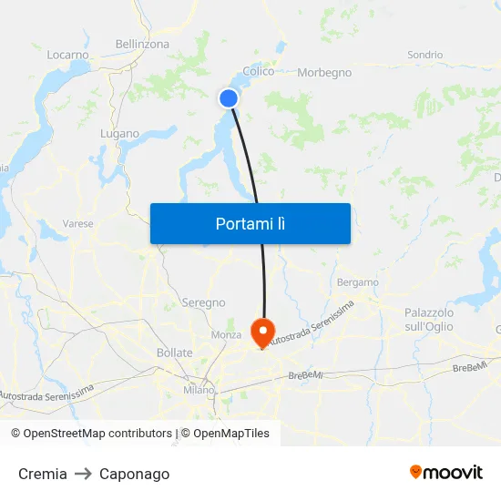 Cremia to Caponago map