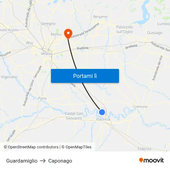 Guardamiglio to Caponago map