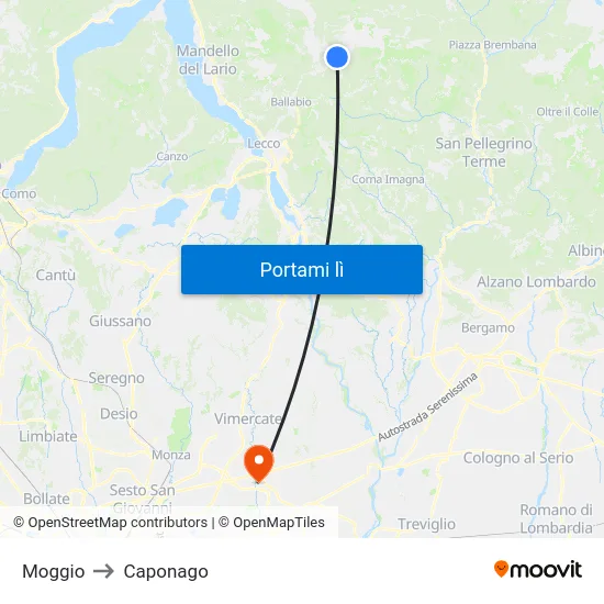 Moggio to Caponago map