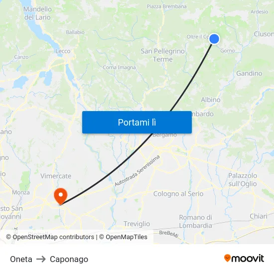 Oneta to Caponago map
