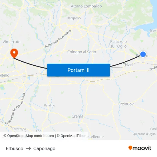 Erbusco to Caponago map