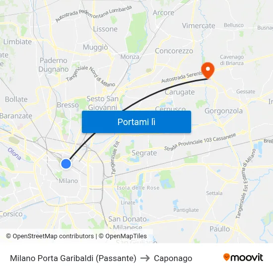 Milano Porta Garibaldi (Passante) to Caponago map