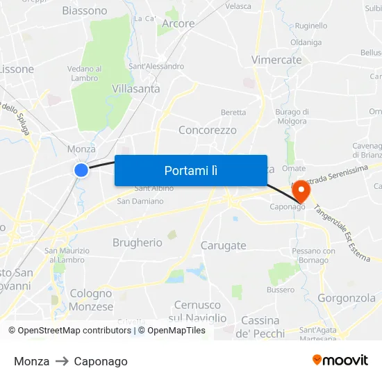 Monza to Caponago map