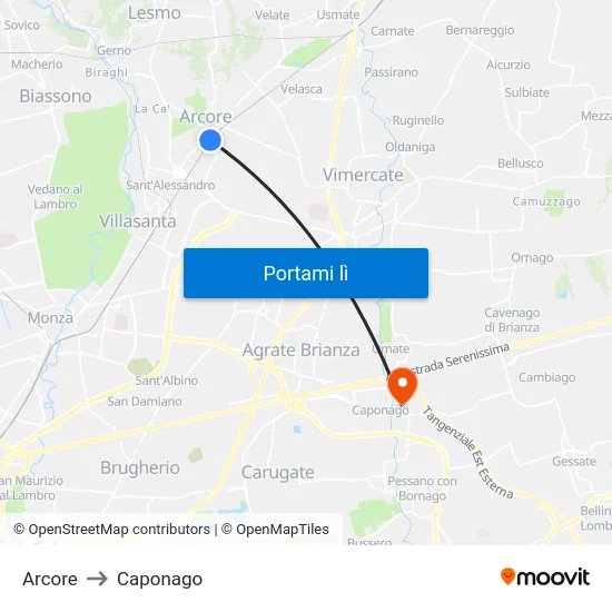 Arcore to Caponago map