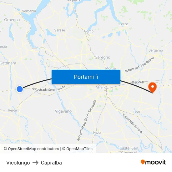Vicolungo to Capralba map