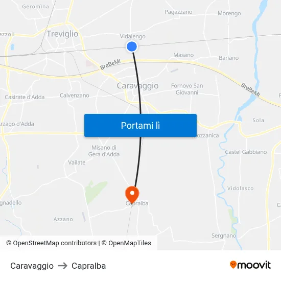 Caravaggio to Capralba map