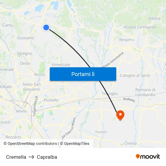 Cremella to Capralba map